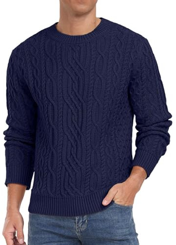 Hisir Maglione da uomo, lavorato a maglia intrecciata, con girocollo, a maniche lunghe, invernale, blu navy, L