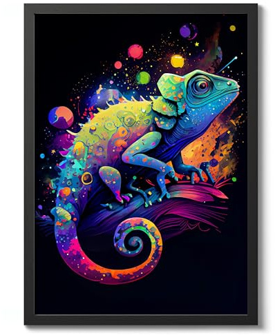Psychedelic Space Chameleon Space Poster, Colourful Abstract Astronomy Wall Art Home Decor, Astronaut Planets Print, Archival Matte, A3 (Black Frame) - 42x29.7cm