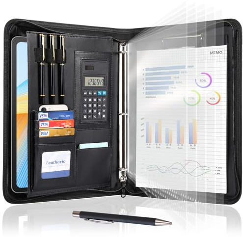 Leathario Portfolio Binder, Includes 10 Sheet Protectors and a Pen, 13 Inch Tablets Organizer, Vegan Leather A4 Padfolio, Multi-Pocket Notepad Business Planner Professional 3 Ring Document
