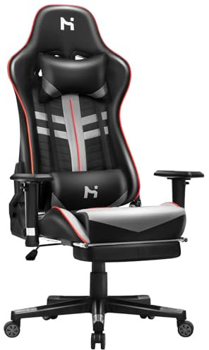 HLONONE Gaming Stuhl, Ergonomischer Gamer Stuhl mit Einstellbare Kopfstütze und Lendenkissen, PC Stuhl für Spielen und Büro, Höhenverstellbarer Gaming Sessel, 150 kg Belastbarkeit, Schwarz-Grau