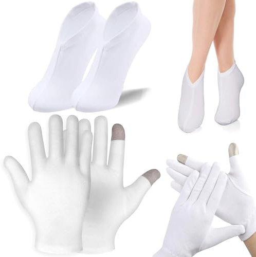1 Paio Guanti Idratanti Touch Screen,1 Paio Calzini in Cotone Spa Guanti Touch Screen Calzini Idratanti per Donne e Uomini Cura Notturna,Trattamento SPA Mani e Piedi (Bianco)