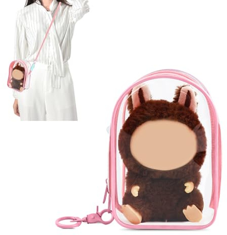 Custodia protettiva per bambole di peluche, trasparente da appendere, borsa portaoggetti per bambole a tracolla, custodia in PVC per figure, bambole (rosa)