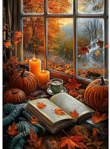 QENSPE Autumn Diamond Art Kits for Adults, DIY Diamond Painting Candles, Round Full Drill, 5D Pumpkin Diamonds Dots Mosaic Painting, Gem Arts Craft for Home Wall Decor Gifts, 30x40cm