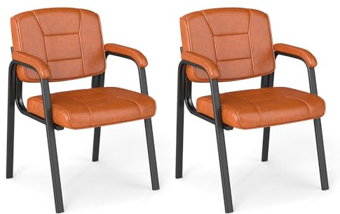 COSTWAY Konferenzstühle 2er Set, Besucherstühle mit gepolsterten Armlehnen und Metallrahmen, Bürostühle, Wartezimmerstühle für Büro, Konferenz, Empfang (Braun)