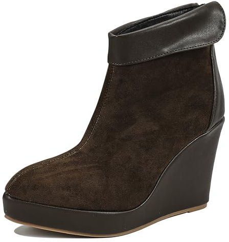 LarDorLin Mujer Tacón de Cuña Invierno Plataforma Botas Cortas Zip Oficina Tacón Alto Warm Puntiagudo Elegante Botín Café Talla 38 EU (39 Cn)