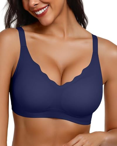 Adisputent Non Wired Bras for Women Wireless Push Up Bra Seamless Comfort Soft Support Bra Scalloped Padded Sports T Shirt Bras Ladies Full Coverage Everyday Bralettes (Navy Blue,M)