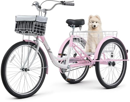 VIRIBUS Adult Tricycles for Women, Single Speed Tricycle for Adults with Front & Rear Detachable Wheeled Baskets, 3 Wheel Bikes for Adults Seniors 1 Speed, 400 lb. Capacity Three Wheeler, 26 in. Pink
