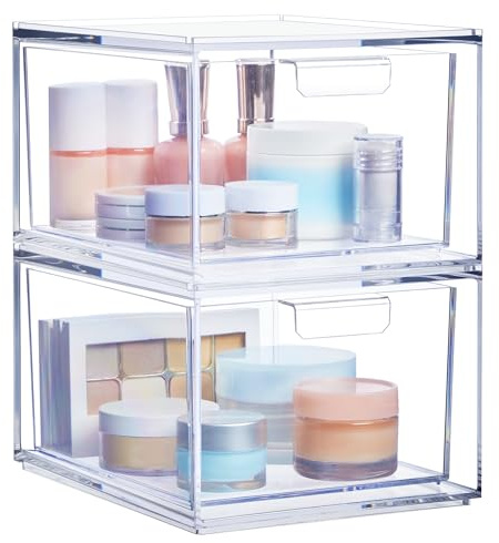 STORi Audrey Stackable Clear Bin Plastic Organizer Drawers | 2 Piece Set | Organize Cosmetics and Beauty Supplies on a Vanity | Made in USA