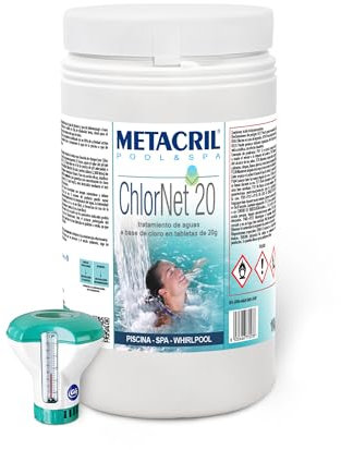 Metacril Chlor Net 20 + Dosatore Galleggiante, Cloro in Pastiglie da 20 gr, per Piscina e Idromassaggio - 1 KG