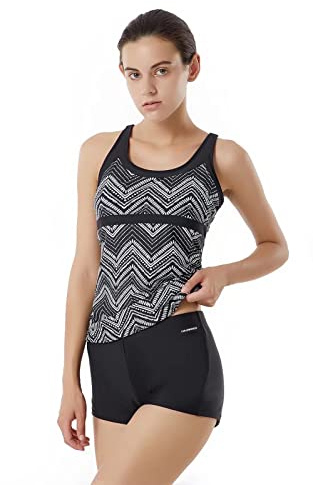 LULUWINGX Women Tankini Swimwear Cross Back Strappy Bathing Suit Athletic Training Swimsuit with Boyshorts(Small)