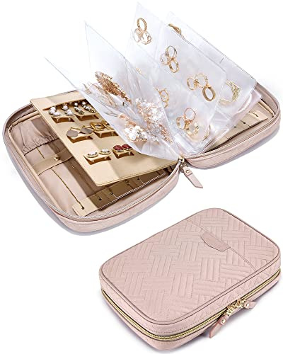 BAGSMART Large Jewelry Travel Organizer Case for Home Jewelry Organizer Storage Ring Binder Jewelry Bags Clear Jewelry Rolls Zipper Pouch Bag for Necklaces, Earrings, Rings, Bracelets, Pink