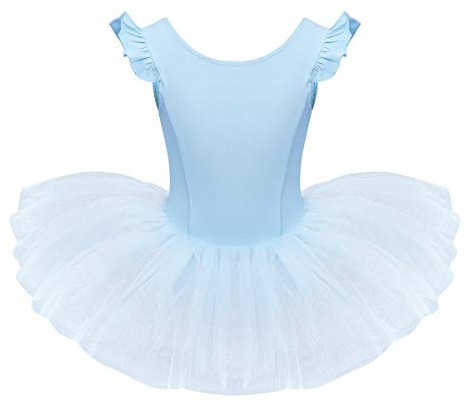 Justaucorps Danse Classique Fille Robe Ballet Tutu Tulle Manches Volantes Pliss�es Couleur Unie Col Rond Costume Danseuse Ballerina Gymnastique Carnaval Une Pi�ce pour B�b� Enfant Bleu 4-5 Ans