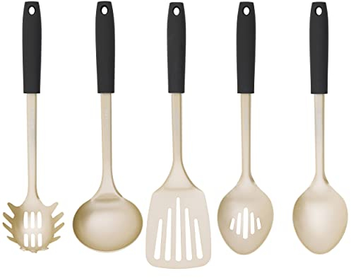 Salter COMBO-8188 Olympus 5-Piece Kitchen Utensil Set – Stainless Steel Spatula, Ladle, Serving Spoon, Slotted Spoon & Spaghetti Spoon, Non-Stick Cooking Tools, Cookware Gadgets, Hanging Storage, Gold