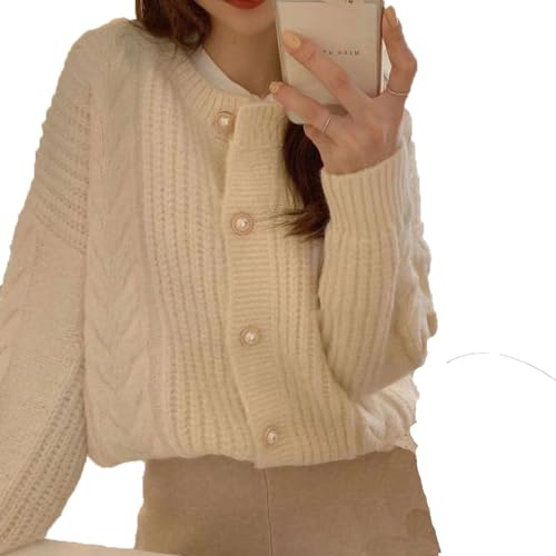FWSHANGMAO Summer Cardigan,Women'S Chunky Cardigan Sweater Vintage Pearl Button Knitted Coat Tunic Long Sleeve Jacket Elegant Open Front Cardigan Cable Knit Soft Thick Pullover Autumn,White,One Size