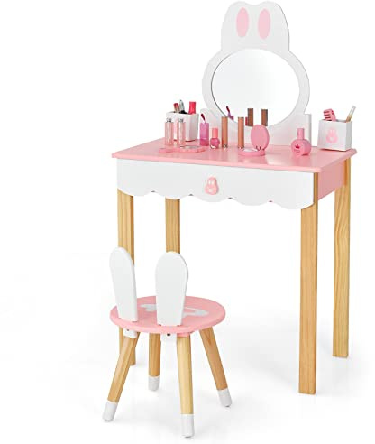 GOPLUS Sminkbord för barn med spegel, sminkbord med pall, toalettbord med stora lådor, toalettbord, sminkbord för flickor och barn (rosa)