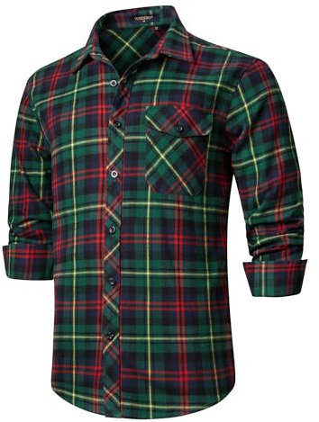 HISDERN Mens Plaid Flannel Shirts Long Sleeve for Men Casual Lumberjack Shirt Checked Button Down Regular Fit Red/Green 4XL