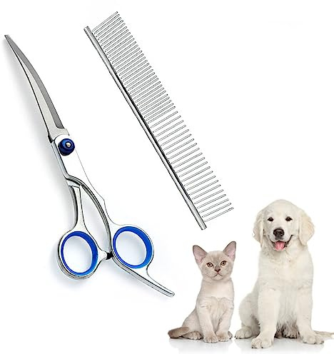 1 Pcs Dog Grooming Scissors with 1 Pcs Pet Comb Pet Grooming Trimmer Kit Stainless Steel Pet Grooming Scissors Down Curved Scissors for Dogs and Cats