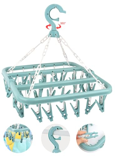 LWMTT Etendoir Chaussette, Étendoir à Linge à Suspendre avec 32 Pinces,Etendoir Linge Interieur Extérieur Suspendre, Sechoir a Linge Rotatif Pliant, pour Chaussettes, sous-Vêtements et Petits (Bleu)