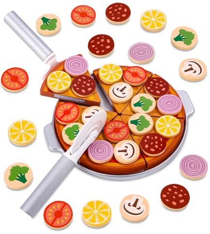 Toaren Pizza-Set aus Holz, Kinderküchenzubehör, Kinderküchenzubehör, Spielzeugnahrung für Ladenzubehör, Holz, Pizza für Kinder mit Schneidebrett, Pizzaschneider