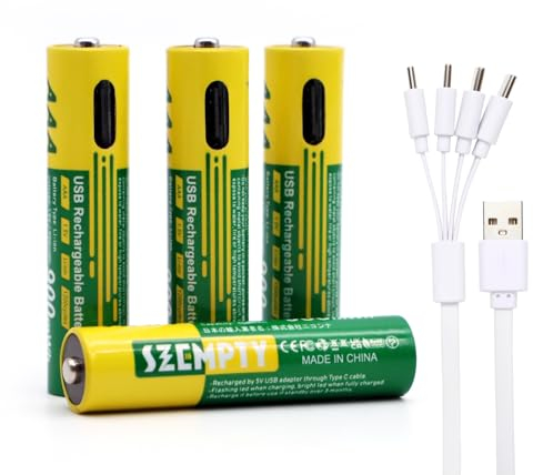 SZEMPTY 900mWh AAA Wiederaufladbar Batterien-4 Pack, 600mAh 1,5V USB-C Lithium AAA Akku Aufladbare, Mit 4 in 1 Typ C Ladekabel, Über 1200 Zyklen.