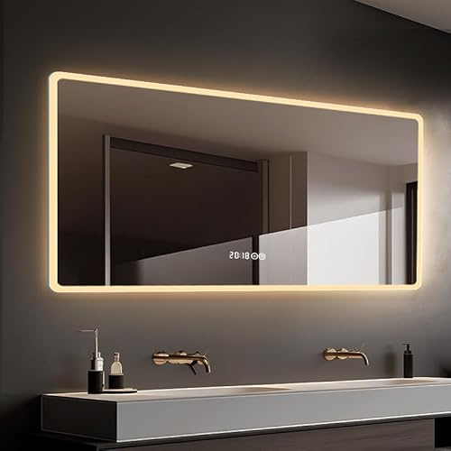 Store Six LED Specchio 150x80 cm, specchio da bagno con illuminazione frontale e posteriore, dimmabile touch, 3 colori, anti-appannamento, bordo gelido