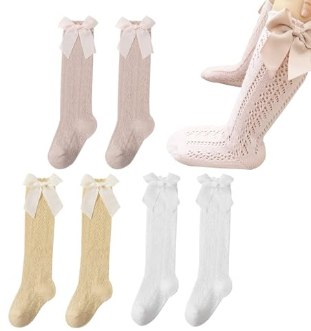 3 Pares Calcetines Altos de Rodilla para Niños Pequeños y Recién Nacidos, Suaves y Respetuosos con la Piel, Elásticos con Lazos