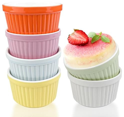 Comzantor 6 Stück Dessertschalen, Creme Brulee Schälchen, Souffle Förmchen, Puddingform Backofenfest, Kleine Backform Keramik, Ragout Fin Schalen, Backförmchen, Lava Cake Schalen Keramik für Ofenfest