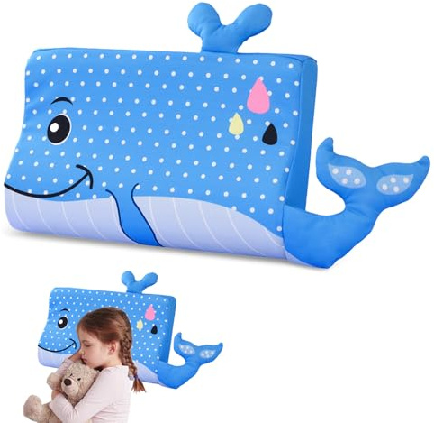 BOUFEIDA Cuscino per bambini, Cuscino Schlummerkids, 46 x 26 x 7 cm Cuscino per Testa Bambini, Comfort, Ergonomico per Bambini, Traspirante e Delicato Sulla Pelle, Piccola Balena Blu