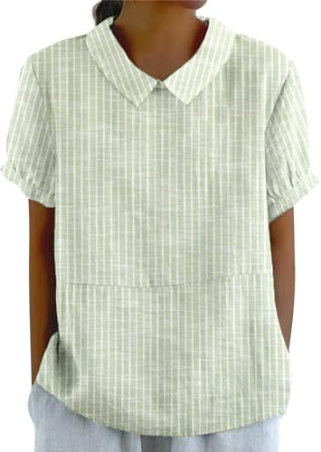 riou Camisa Mujer Verano Modernas Lino Manga Corta Camiseta Blusa Polo Ligero Moda Divertido Estampado Cómodo Suelto Cuello en V Botones Tops Elegante Basic tee Talla Grande Original