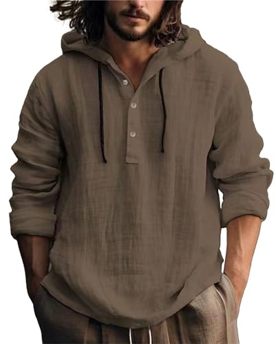 Sudadera con capucha de cáñamo de algodón de gran tamaño para hombre, cuello abotonado, ligera, holgada, casual, lisa, transpirable, para verano, playa, color liso, para correr, gimnasio