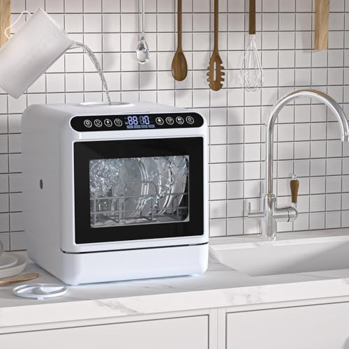 Table Top Dishwasher, Portable Mini Countertop Dishwasher, 5L Water Tank, 5 Place Settings, 2-Tier Rack, 3 Spray Arm, Air Dry Function, Smart Mini Dishwasher, High-Temp Cleaning, LED Touchscreen White