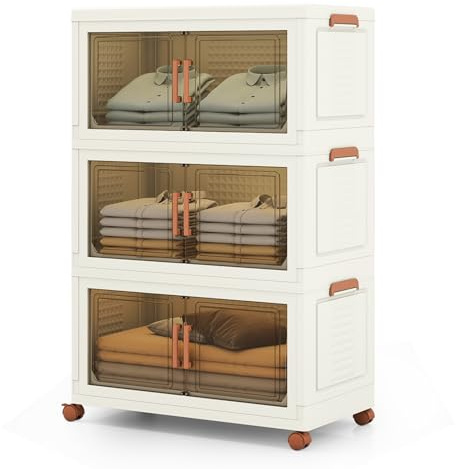 GIANTEX Contenitore di Archiviazione in Plastica, Organizzatore Impilabile con Coperchi e Porte, 4 Ruote, Scatole Organizzatore Pieghevoli per Soggiorno, Camera da Letto (68,5 x 37,5 x 107 cm)