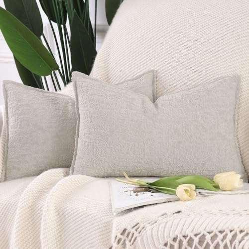 Madizz Juego de 2 Suave Chenilla Decorativo Funda de cojíns de Terciopelo con Borde Neutras Fundas de Almohada Boho para Sofá Dormitorio Salón Gris Claro Rectangular 30 x 50 cm