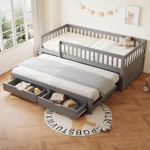 Kebnor Sofá cama de madera maciza, Rejilla de seguridad revestida, Cama extraíble con 2 cajones, Somier de láminas, Cuna para niños, Cama para invitados (gris, 90 x
