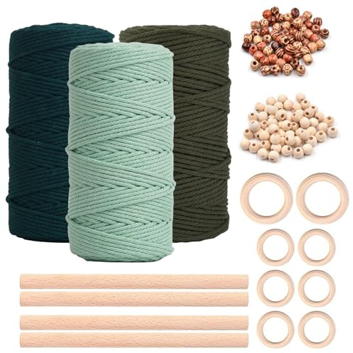 Hilo Macrame 3mm, Kit de Macramé para Colgar en la Pared, 3mmx100m, con Cuentas, Anillos de Madera y Palos de Madera, Kit de Fabricación de Colgar Hojas de Macramé, para Tapices, Manualidades