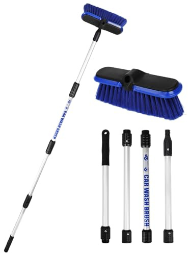 Brosse de Lavage Voiture PBT avec Manche télescopique Long de 62/156cm tête de Balai Large 10/25.4cm à Poils Souples pour RV Camion SUV vitres pneus Bateau Sol terrasse revêtement Mural Déneigement