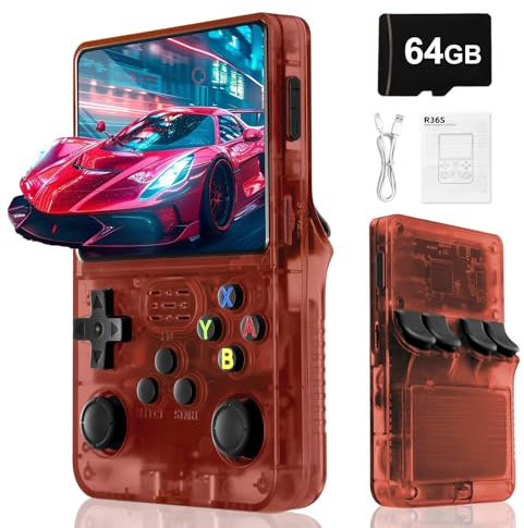 Rbic Console per videogiochi retrò R36S-Batteria ricaricabile da 3000 mAh, schermo HD da 3,5 pollici, scheda TF da 64 GB, sistema Linux open source, oltre 20000 videogiochi classici-Rosso
