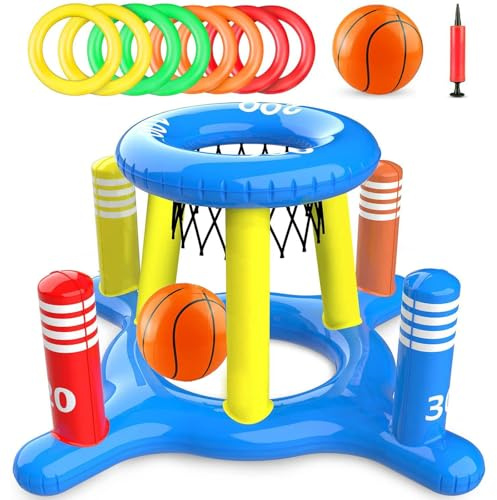Basketkorg för Pool, 2-i-1 Uppblåsbar Pool Basketleksak och Ringkastningsspel, med Ringar Boll och Luftpump, Slitstark Tjock PVC, Flytande Basketkorg för Strand Trädgård Poolfest B