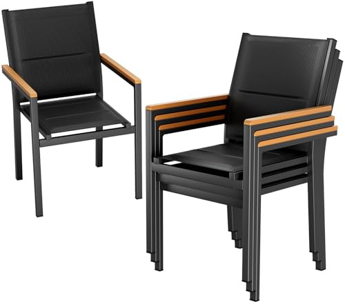LIFERUN Trädgårdsstol set om 4, stapelbar aluminium matrumsstol, svart | Balkongstol med quiltat ryggstöd och sits, WPC-ledstång, för trädgård, terrass, balkong, pool, restauranger, 4 st