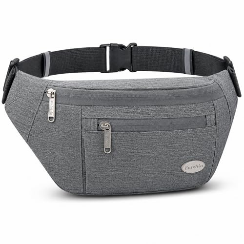 Entchin Fanny Pack for Women and Men - Water Resistant Crossbody Belt Bag with Adjustable Strap, Headphone Jack, Multiple Pockets for Running, Hiking, Travel (Gray)