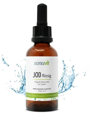 Sanuvit® - Jod flüssig 30 ml | Sehr ergiebig mit 78 µg Jod pro Tropfen | Hochdosiert | inklusive Pipette | Vegan | ca. 450 Portionen | Hergestellt in Österreich