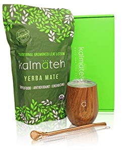 Kalmateh Yerba Mate Starter Set– Modern 8 oz Double Walled Stainless Steel Mate Cup with BPA Free Lid, Bombilla/Bombilla Cleaner & Organic Unsmoked Yerba Mate (1lb) (Wood)