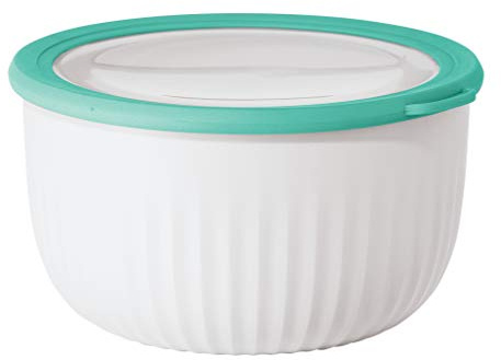 Oggi Prep, Store & Serve Plastic Bowl w/See-Thru Lid- Dishwasher, Microwave & Freezer Safe, (4 qt) White/Aqua