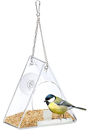 Relaxdays Comedero Pájaros Triángulo Acrílico, Alimentador Aves Colgante, para Ventana, 13 x 12,5 x 7,5 cm, Transparente