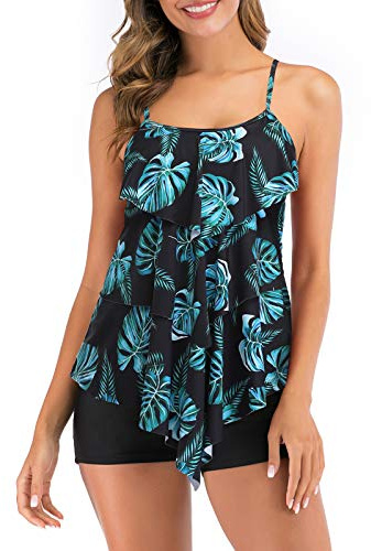 FLYILY Maillot de Bain 2 Pièces Femme Tankini Ensembles à Volants Maillot Haut Imprimé avec Short de Garçon(Greenleaf,XXXL)