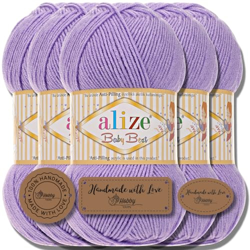 Hobby YARN 3x Etikettenlabel mit Alize Baby Best Wolle Premium 5x100g als Set | Antipilling Babywolle Acryl Uni & Batik Strickgarn zum Häkeln und Stricken (Lavender | 43)