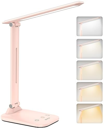 BICKON Lampada da Scrivania, 5 Colori e 10 Livelli di Luminosità Lampada da Tavolo, Timer/USB Ricarica/Tocca Controllo/Pieghevole, Protezione Gli Occhi LED Luce per Studio, Lavoro, Gioco, Regalo