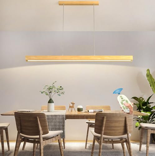 Lámpara Colgante Madera LED Lampara techo Colgante Comedor Salon Regulable Lámparas Colgantes Moderna Altura ajustable con Control Remoto lineal Luz para Mesa de Comedor Dormitorio Oficina Iluminación