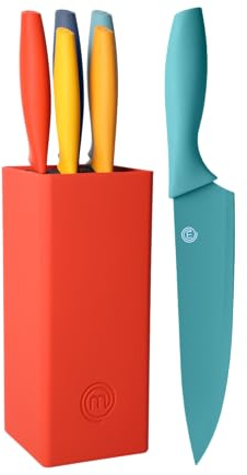 MasterChef Set Coltelli da Cucina con Ceppo Universale, Portacoltelli con Lama Affilato per Pane, Carne, Verdure e altro, Acciaio Inox, Prova di Calore, Manici Multicolori, 5 Pezzi