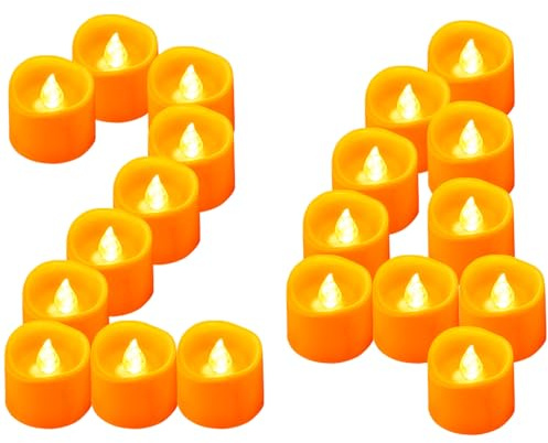 Yakpo 24 velas de té LED naranjas que funcionan con pilas, sin llama, velas votivas eléctricas falsas, paquete grande, para fiestas, al aire libre, Navidad, Halloween, decoración de calabaza
